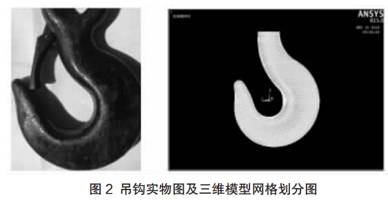 吊钩实物图及三维模型网格划分图